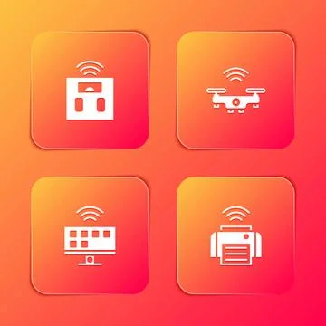 Set Smart bathroom scales, drone, Tv system and printer icon. Vector Stock Illustration