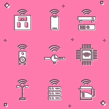 Set Smart bathroom scales, Wireless smartphone, TV box receiver, stereo speaker Illustrazione stock