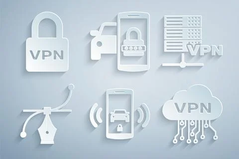 Set Smart car alarm system, Server VPN, Bezier curve, Cloud interface, security Stock Illustration