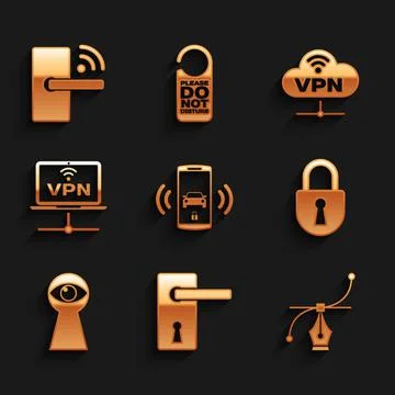 Set Smart car alarm system, Door handle, Bezier curve, Lock, Keyhole with eye Stock Illustration