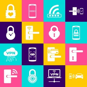 Set Smart car alarm system, Door handle, Mobile password, Wifi locked, Digital Stock Illustration