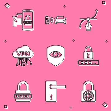 Set Smart car security system, alarm, Bezier curve, Cloud VPN interface, Shield イラスト素材