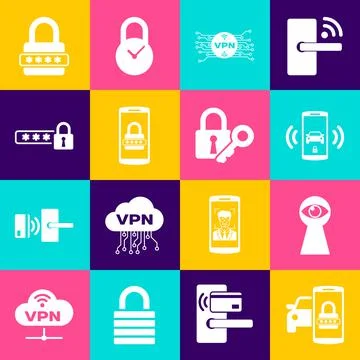 Set Smart car security system, Keyhole with eye, alarm, VPN microchip circuit Ilustración de archivo