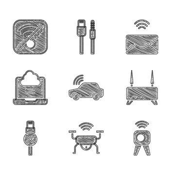 Set Smart car system, drone, Web camera, Router and wi-fi signal, No usb cable 스톡 일러스트