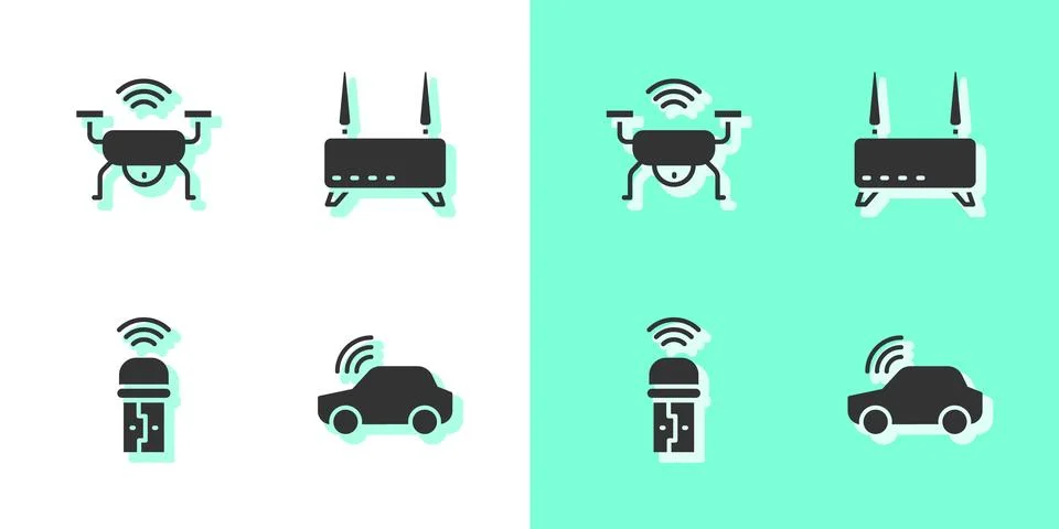 Set Smart car system, drone, Usb wireless adapter and Router and wi-fi sign.. Ilustración de archivo