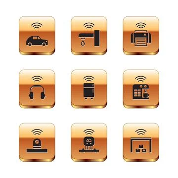 Set Smart car system with wireless, security camera, sensor, refrigerator Stock Illustration