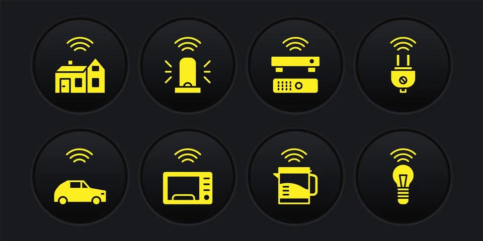 Set Smart car system with wireless, electric plug, microwave oven, kettle Stock Illustration