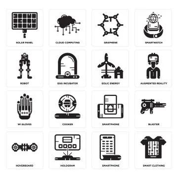 Set of Smart clothing, Smartphone, Hoverboard, Wi gloves, Eolic energy, Robot Illustrazione stock gratuita