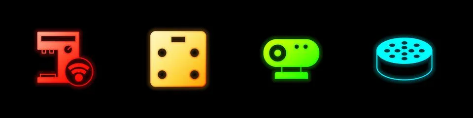 Set Smart coffee machine, bathroom scales, Web camera and Water sensor icon Stock Illustration