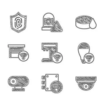 Set Smart coffee machine, Digital door lock, Motion sensor, light bulb, Web Stock Illustration