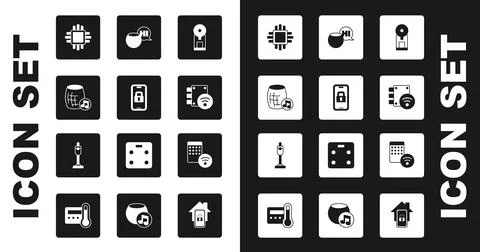 Set Smart coffee machine, Digital door lock, Voice assistant, Processor with CPU Stock Illustration