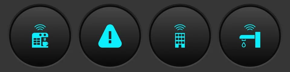 Set Smart coffee machine, Exclamation mark triangle, home with wireless and w Stock Illustration