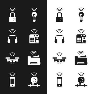 Set Smart coffee machine, headphones, safe combination lock, light bulb, drone Stock Illustration