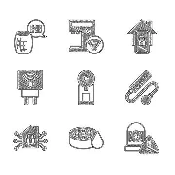 Set Smart coffee machine, Water sensor, Ringing alarm bell, Electric extension Stock Illustration