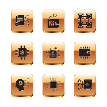 Set Smart contract, Bitcoin think, Processor, ASIC Miner, chip with dollar and Stock Illustration