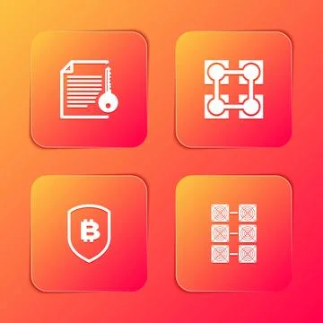 Set Smart contract, Blockchain technology, Shield with bitcoin and Mining far Illustrazione stock