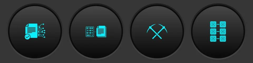 Set Smart contract, , Crossed pickaxe and Mining farm icon. Vector Illustrazione stock