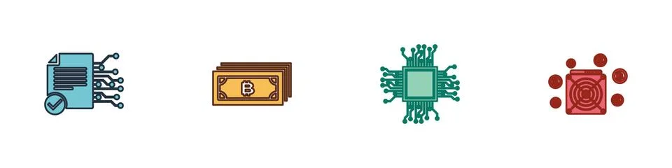 Set Smart contract, Cryptocurrency bitcoin, Processor and ASIC Miner icon 스톡 일러스트