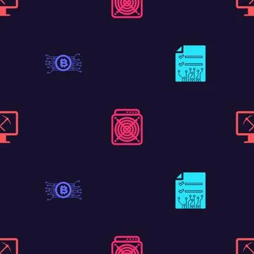 Set Smart contract, Cryptocurrency bitcoin in circuit, ASIC Miner and Mining Illustrazione stock