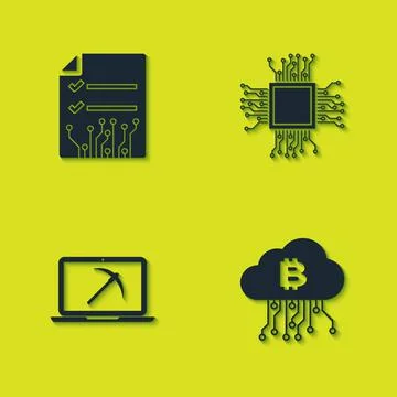 Set Smart contract, Cryptocurrency cloud mining, Mining with laptop and pickaxe Illustrazione stock