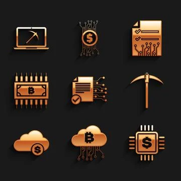 Set Smart contract, Cryptocurrency cloud mining, Processor chip with dollar Illustrazione stock