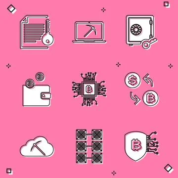 Set Smart contract, Mining with laptop and pickaxe, Proof of stake 스톡 일러스트