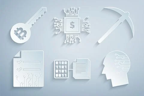 Set Smart contract, Pickaxe, , Brain as digital circuit board, Processor chip Stock Illustration
