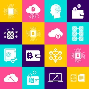 Set Smart contract, Processor chip with dollar, Mining farm, Brain as digital Illustrazione stock