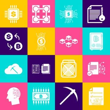 Set Smart contract, , Proof of stake, Processor chip with dollar, Cryptocurrency Stockillustratie