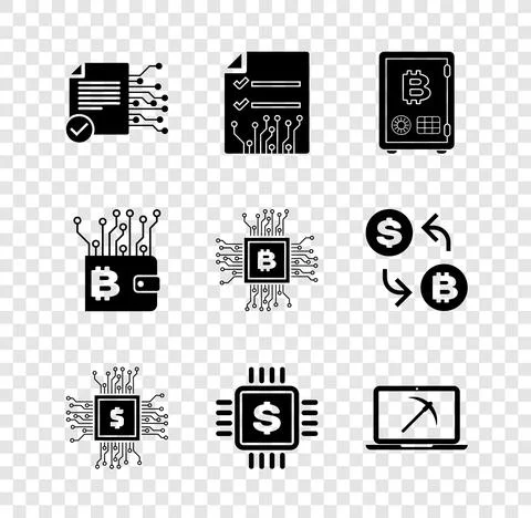 Set Smart contract, , Proof of stake, Processor chip with dollar, and Mining Stock Illustration