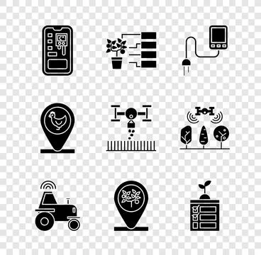 Set Smart control farming system, Flower analysis, Sensor, Wireless tractor.. Stock Illustration