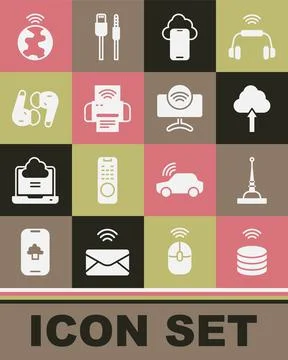 Set Smart data server, Antenna, Cloud upload, technology, printer system, Air Stock Illustration