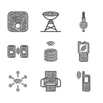 Set Smart data server, printer system, Mobile with wi-fi wireless, Walkie tal 스톡 일러스트