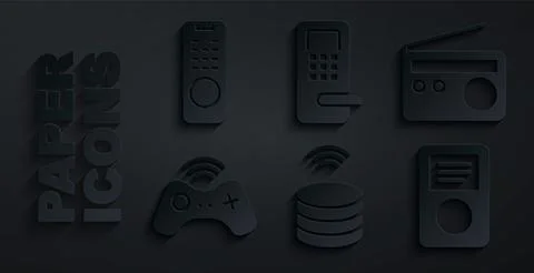 Set Smart data server, Radio, Wireless gamepad, Music player, Digital door lock Stock Illustration