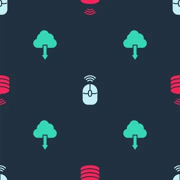 Set Smart data server, Wireless computer mouse and Cloud download on seamless Stock Illustration