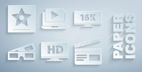 Set Smart display with HD video, Screen tv 16k, 3D cinema glasses, Movie clapper 스톡 일러스트