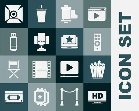 Set Smart display with HD video, Popcorn in box, Remote control, Camera vintage Stock Illustration
