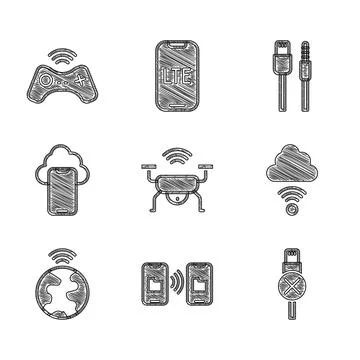 Set Smart drone system, Data transfer and storage, No usb cable cord, Network Stock Illustration