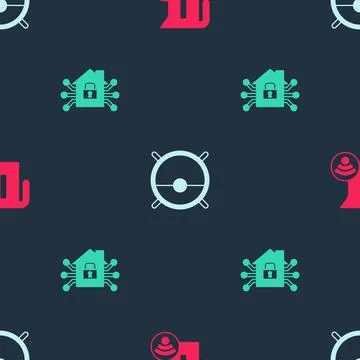 Set Smart electric kettle, Robot vacuum cleaner and home on seamless pattern Stock Illustration