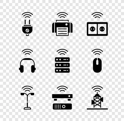 Set Smart electric plug, printer, electrical outlet, street light, Wireless TV Illustrazione stock