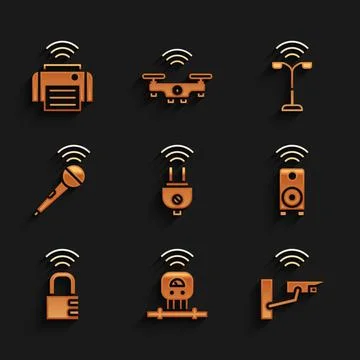 Set Smart electric plug, sensor, security camera, stereo speaker, safe Stock Illustration