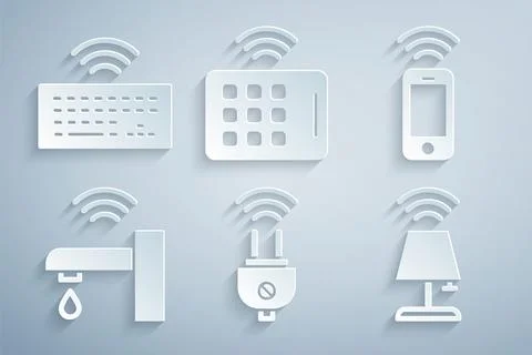 Set Smart electric plug, Wireless smartphone, water tap, table lamp, tablet and Stock Illustration