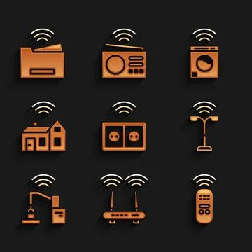 Set Smart electrical outlet, Router and wi-fi signal, remote control, street Illustrazione stock