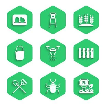 Set Smart farm with drone, Insect fly, Soil ph testing, Garden fence wooden,  Stock Illustration