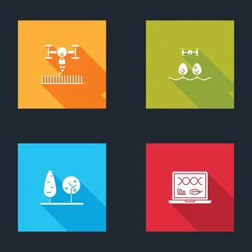 Set Smart farm with drone, , Trees and Genetic engineering modification icon. Stock Illustration