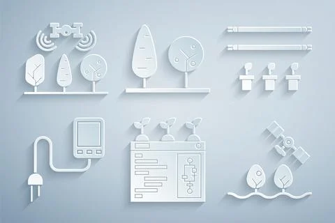 Set Smart farming technology, with bulb and plant, Sensor, drone, Trees and   Stock Illustration