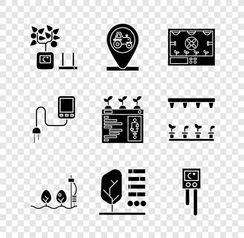 Set Smart farming technology, Tractor and location, Standalone sensor plant Illustrazione stock