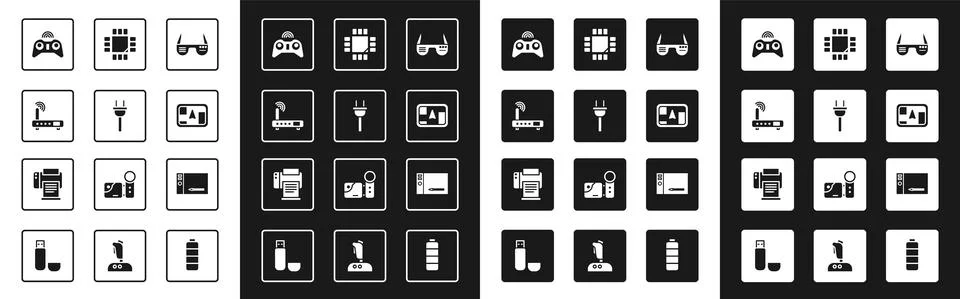 Set Smart glasses, Electric plug, Router and wi-fi signal, Wireless gamepad, Gps Stock Illustration