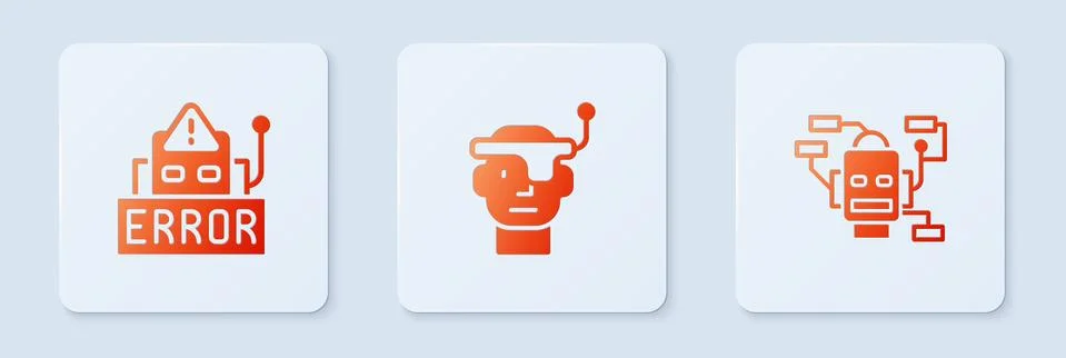 Set Smart glasses, Error in robot and Robot. White square button. Vector Stock Illustration