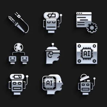 Set Smart glasses, Humanoid robot, Robot, Processor with microcircuits CPU, low Stock Illustration
